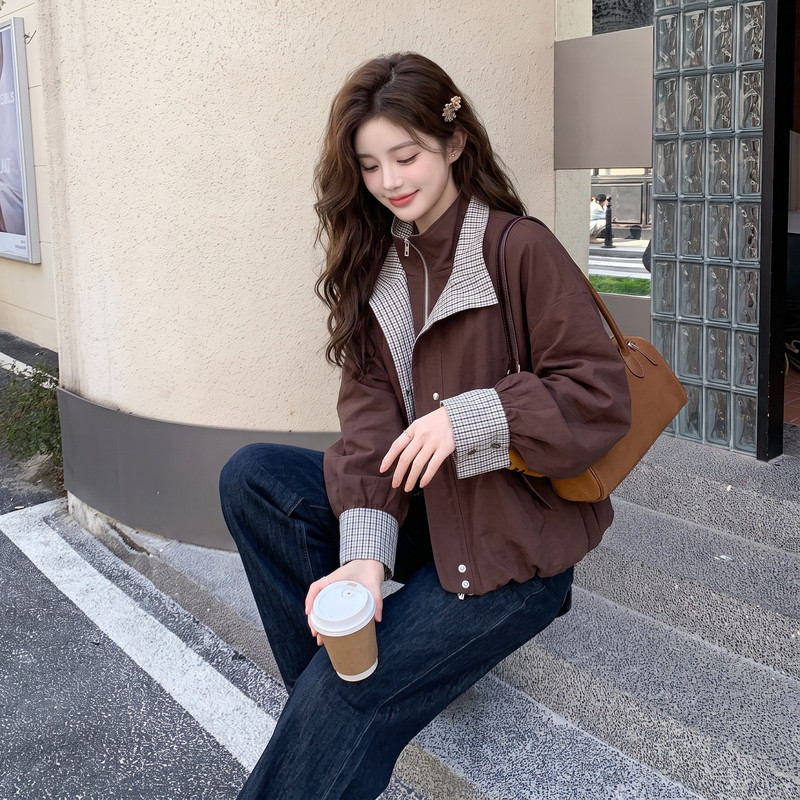 现货格子拼接短外套女2C512-7008-P165-K258，女装短外套，昱喆服饰