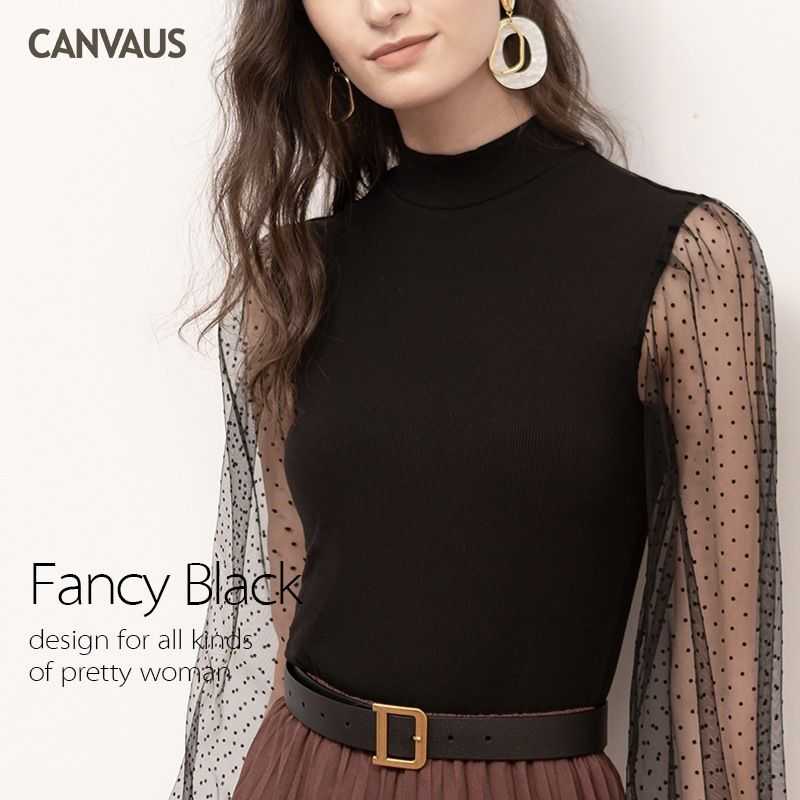 CANVAUS秋季女装新款半高领长袖泡泡袖紧身网红款打底衫上衣女潮