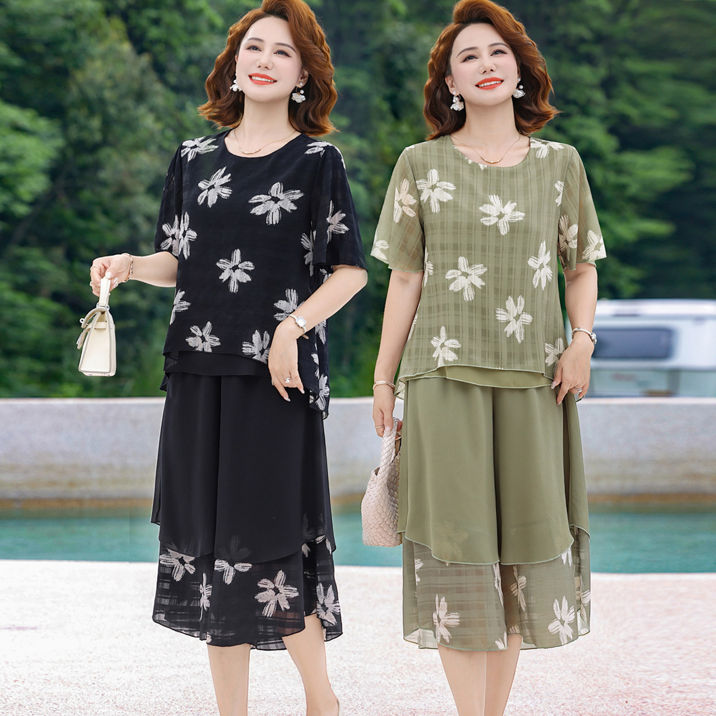 妈妈夏装套装时尚雪纺衫中老年人女装洋气短袖T恤裙裤奶奶两件套