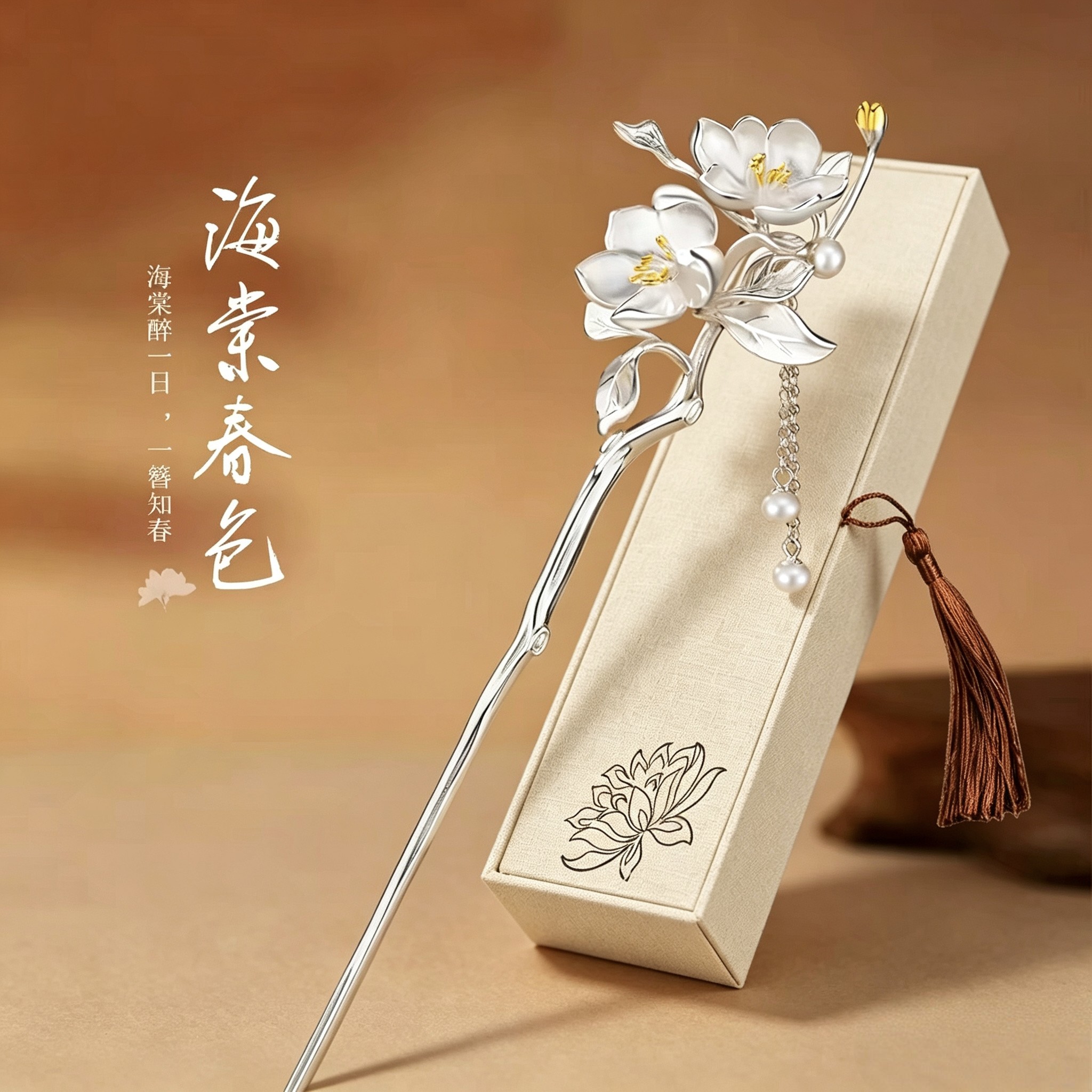 海棠花流苏发簪镀S925纯银十二花神步摇七夕情人节礼物送女朋友