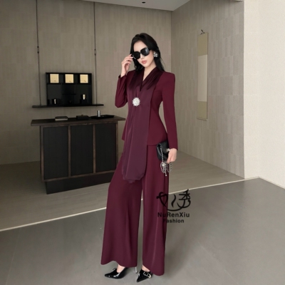2025春秋新款时尚套装女高级感气质名媛西装外套配高腰阔腿裤女