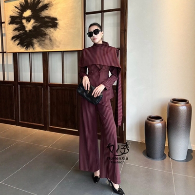 2025秋季新款女装时尚套装条纹西装外套+阔腿裤三件套春秋装搭配
