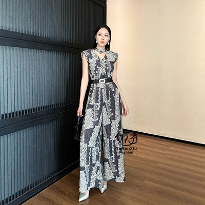 法式气质高级感时尚印花连衣裤女夏季新款设计感显瘦遮连体裤女装