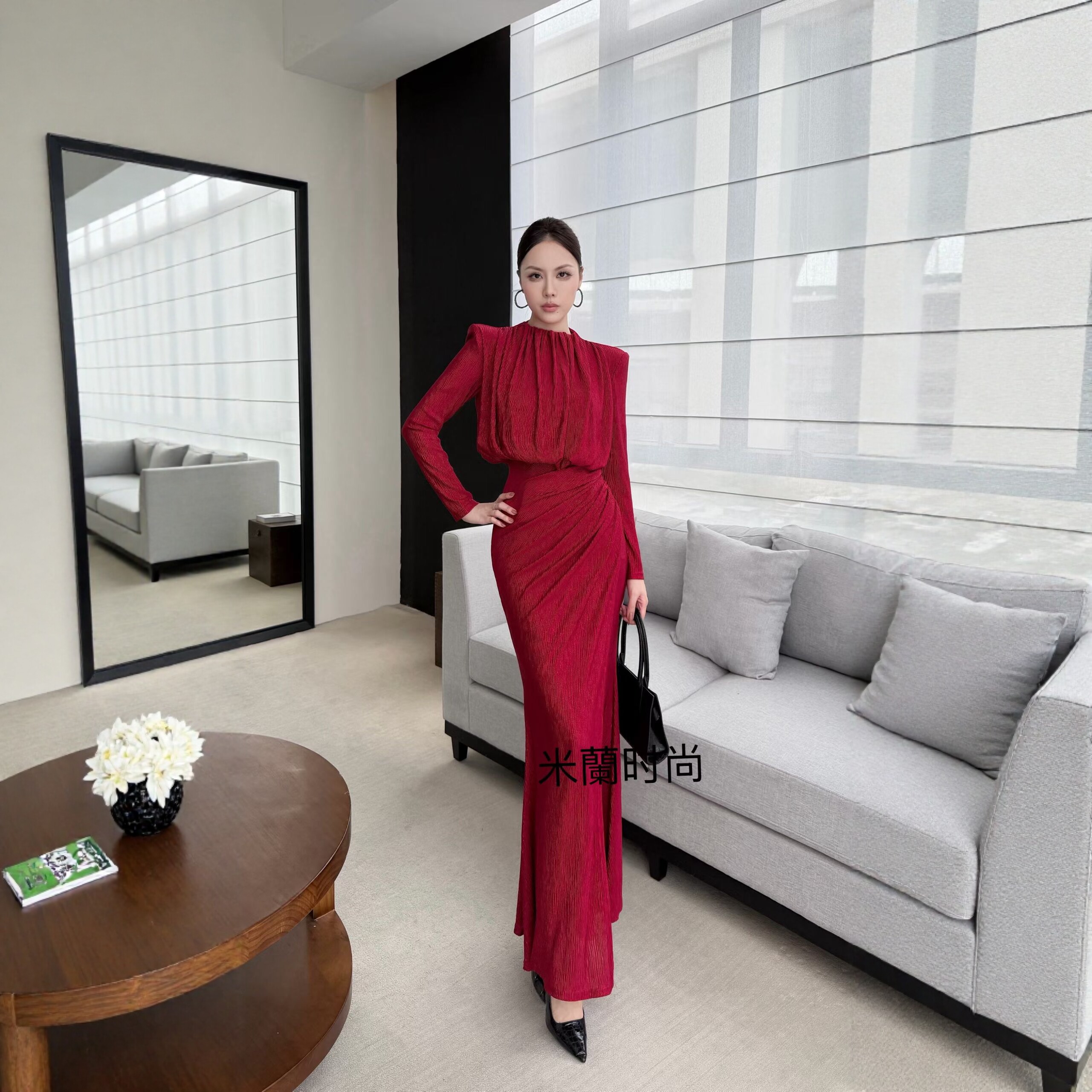 高级感袖连衣裙女春秋轻奢气质立领长裙宴会礼服显瘦包臀鱼尾裙