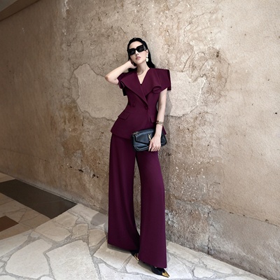 夏季新款时尚套装高级感西装领无袖收腰修身显瘦上衣阔腿裤套装潮