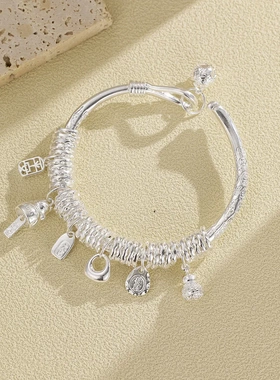 小众白铜开口手镯吉言盘缠手镯简约百搭带吊坠手镯高级感实心手镯