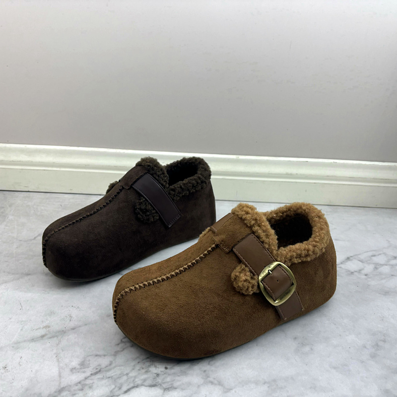 撤柜断码处理女鞋2025冬季新款时尚加绒厚底一脚蹬毛毛勃肯女单鞋