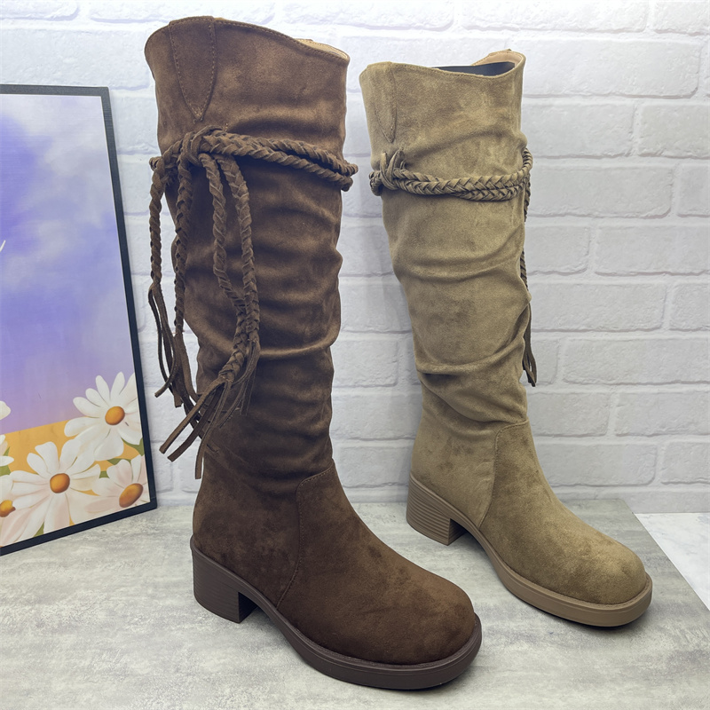 撤柜断码出女鞋2025新款时尚复古舒适流苏低跟圆头西部靴堆堆女靴