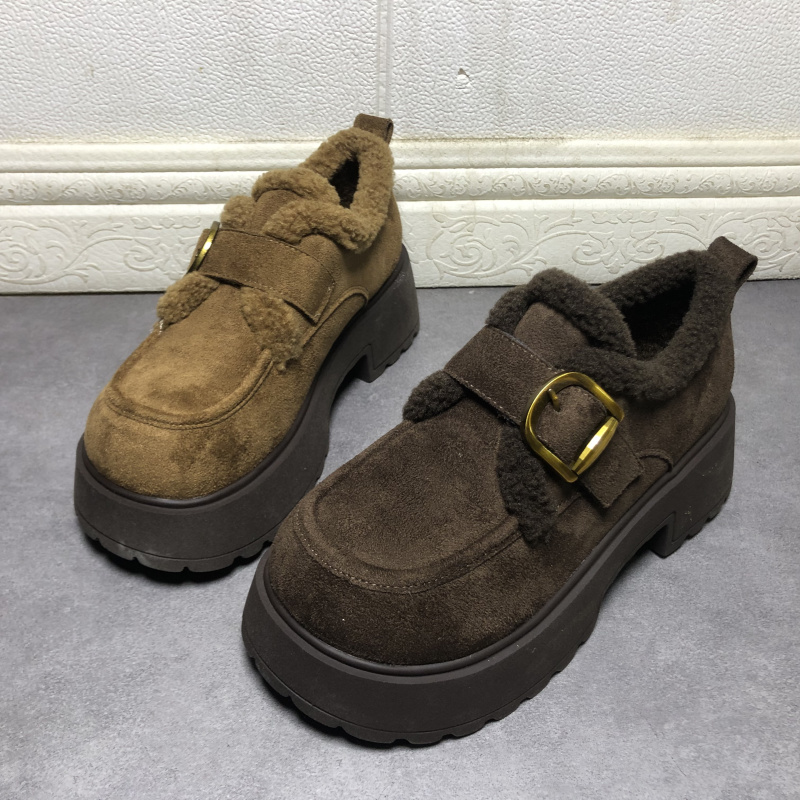 撤柜断码处理女鞋2025冬季款时尚厚底毛毛鞋百搭复古英伦风勃肯鞋