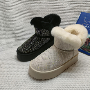 韩版 2023年冬款 舒适百搭圆头加绒烫钻厚底雪地靴 处理女鞋 撤柜断码