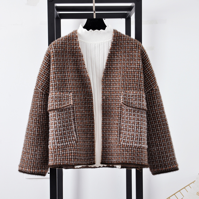 小个子水貂绒外套女短款2018新款宽松格子加厚秋冬季时尚毛衣开衫|msdalam kategori Butik wanita / wanita, sweater - dari Buy2taobao.com untuk memberikan perkhidmatan ejen Taobao profesional membeli