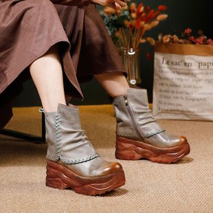 2025秋冬新款民族风真皮女鞋头层牛皮厚底轻软舒适百搭复古短靴子