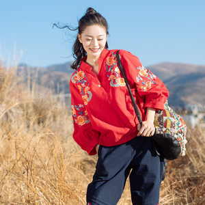 尤瑾2023秋季新款衬衫民族风上衣复古中国风九分灯笼袖刺绣女装潮