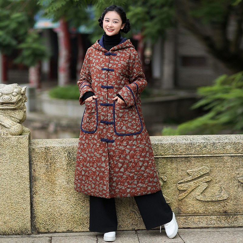 2025冬季新款民族风碎花休闲连帽宽松厚实棉衣加长款棉服外套女潮