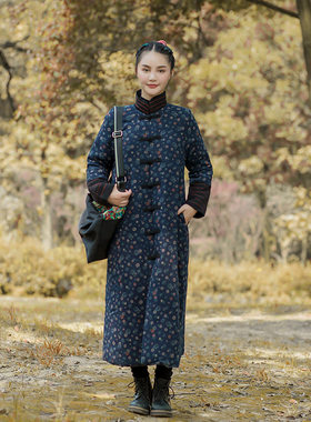 秋冬季民族风中式碎花长款棉服