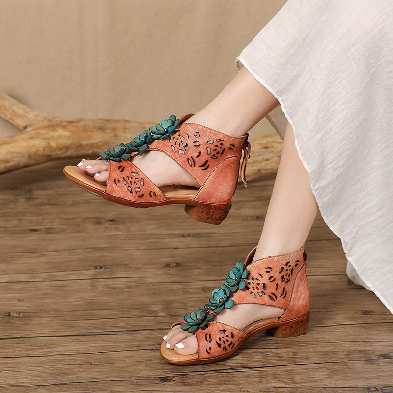 2024夏季新款手工擦色复古真皮女鞋镂空花朵民族风低跟鱼嘴凉鞋女
