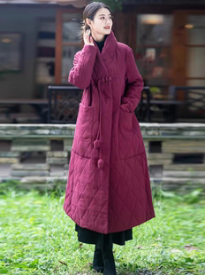 原创民族风女装2023秋冬文艺立领棉衣加厚棉服时尚盘扣中长款外套