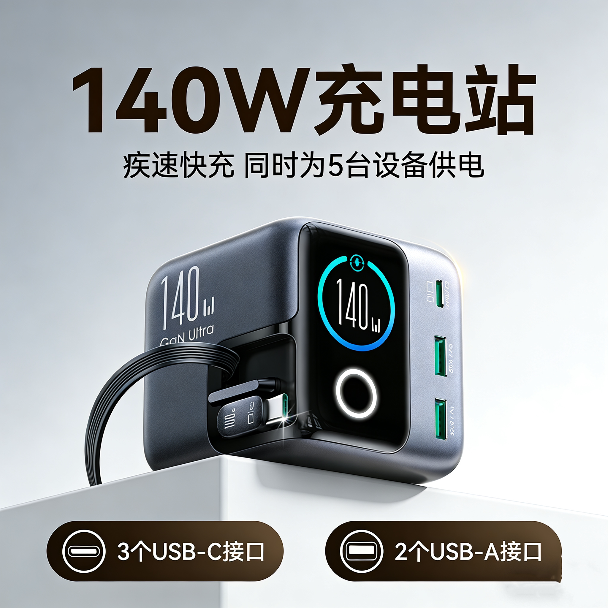 机乐堂英规140W快充五口桌面氮化镓充电站多口充电器自带双Type-c伸缩线笔记本电脑ipad平板手机智能数显插头