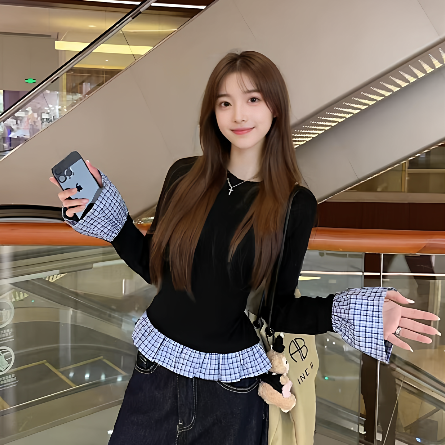 假两件格子长袖T恤女撞色修身型格纹拼接设计感打底衫2025年冬季,女装/女士精品,T恤,淘宝优惠券,粉丝福利购,淘宝优惠卷