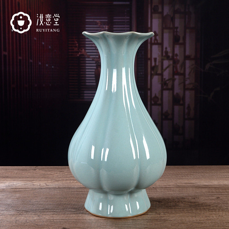 仿古汝窑陶瓷花瓶大号青瓷蓝色瓷器中式客厅玄关博古架装饰品摆件