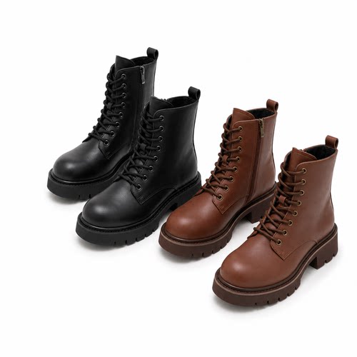 真皮英伦风厚底中筒系带马丁靴女