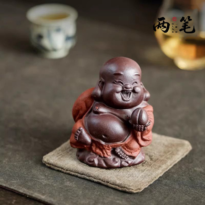 【两笔】宜兴原矿紫砂手工茶宠可养功夫茶道摆件紫泥寿桃弥勒佛