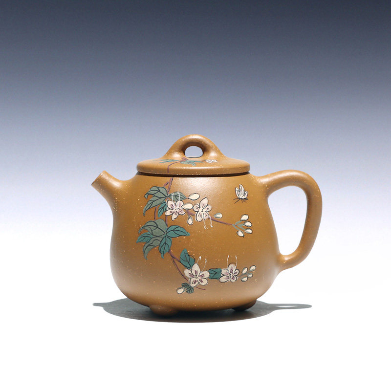 【两笔】宜兴紫砂壶张静手工泡茶壶原矿蟹黄段泥绘玉簪花高石瓢