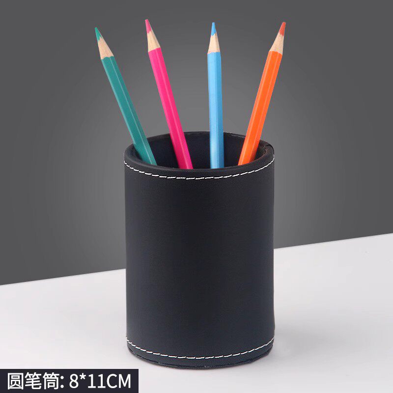 高档皮质圆形笔筒时尚文具收纳盒轻奢高级感办公室商务摆件可爱_虎窝淘