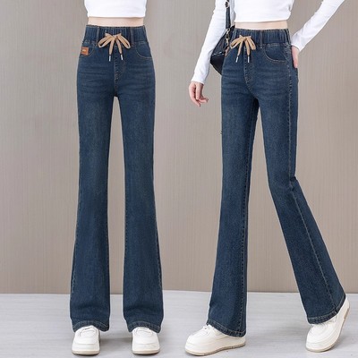 松紧腰微喇牛仔裤女士