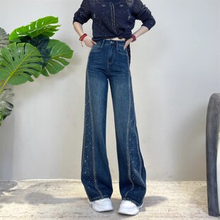 烫钻直筒牛仔裤女春季加厚绒2026新款裤子高腰垂感窄版阔腿裤