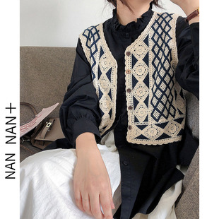 民族风百搭镂空钩花坎肩小开衫 日系复古菱格针织马甲女短款 春秋季