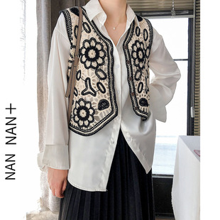 复古文艺气质针织钩花镂空马甲女春秋日系短款 上衣外搭 薄背心开衫