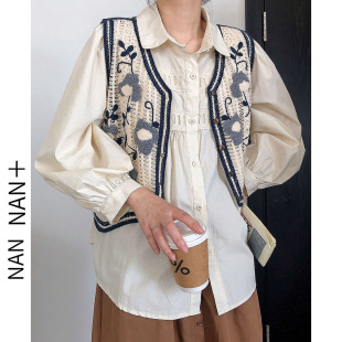 复古立体花朵刺绣镂空马甲女短款 坎肩马夹 春秋V领针织毛线小开衫