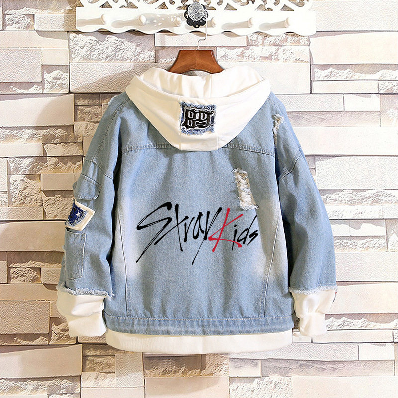StrayKids 牛仔外套黄铉辰周边拼接字母男女衣服宽松连帽春秋可穿