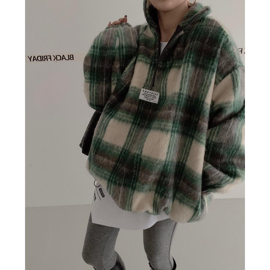 韩国chic秋冬小众气质立领格纹毛呢卫衣女