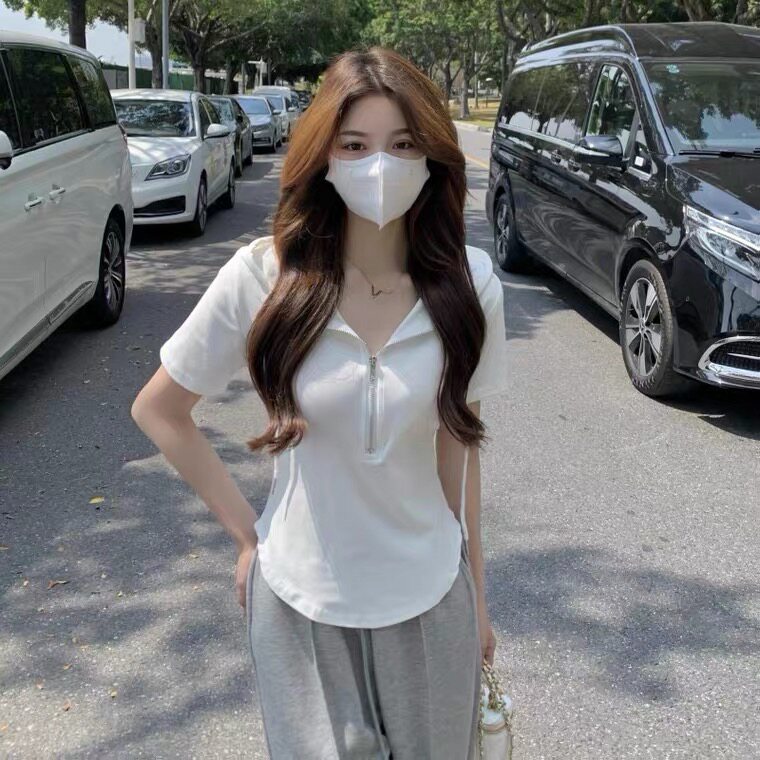 2026夏季大码女装别致洋气连帽拉链辣妹纯棉短袖T恤M-4XL200斤