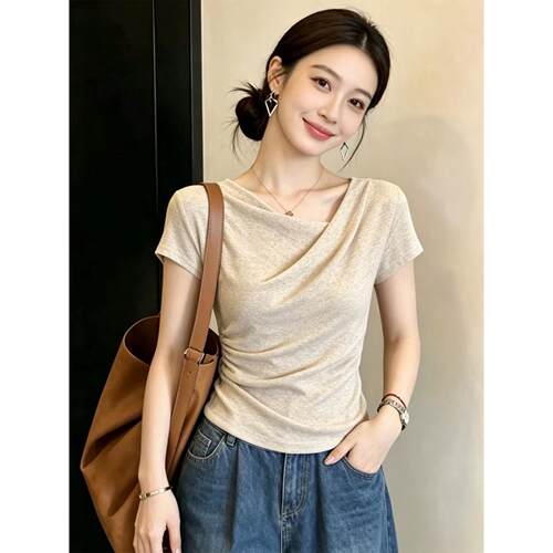 大码设计感荡领正肩短袖T恤女夏新款胖mm遮肉显瘦巨好看上衣