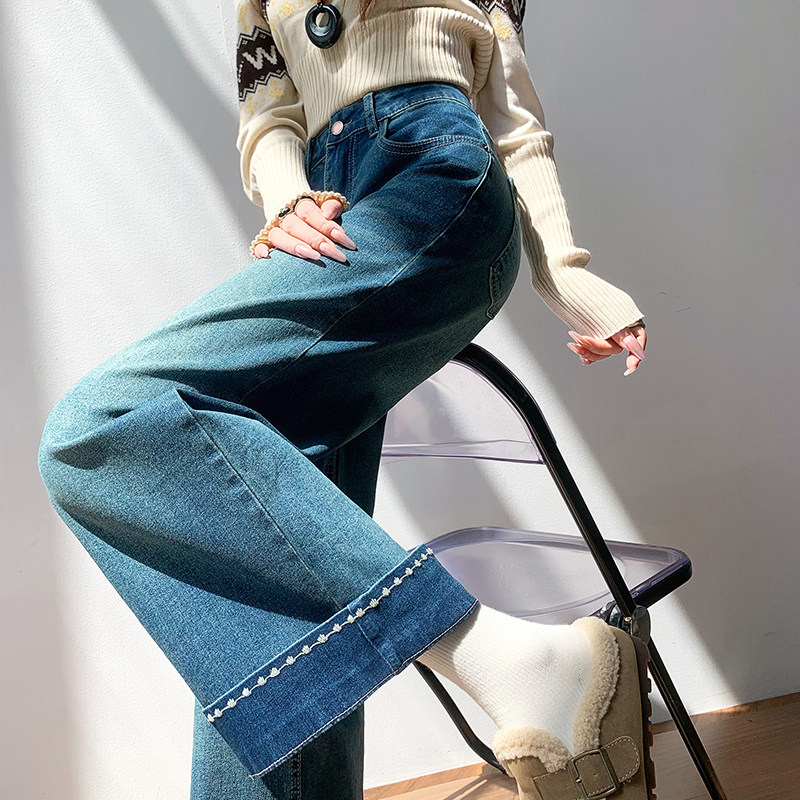大码高腰深蓝色弹力直筒牛仔裤女秋季新款胖mm宽松显瘦九分阔腿裤