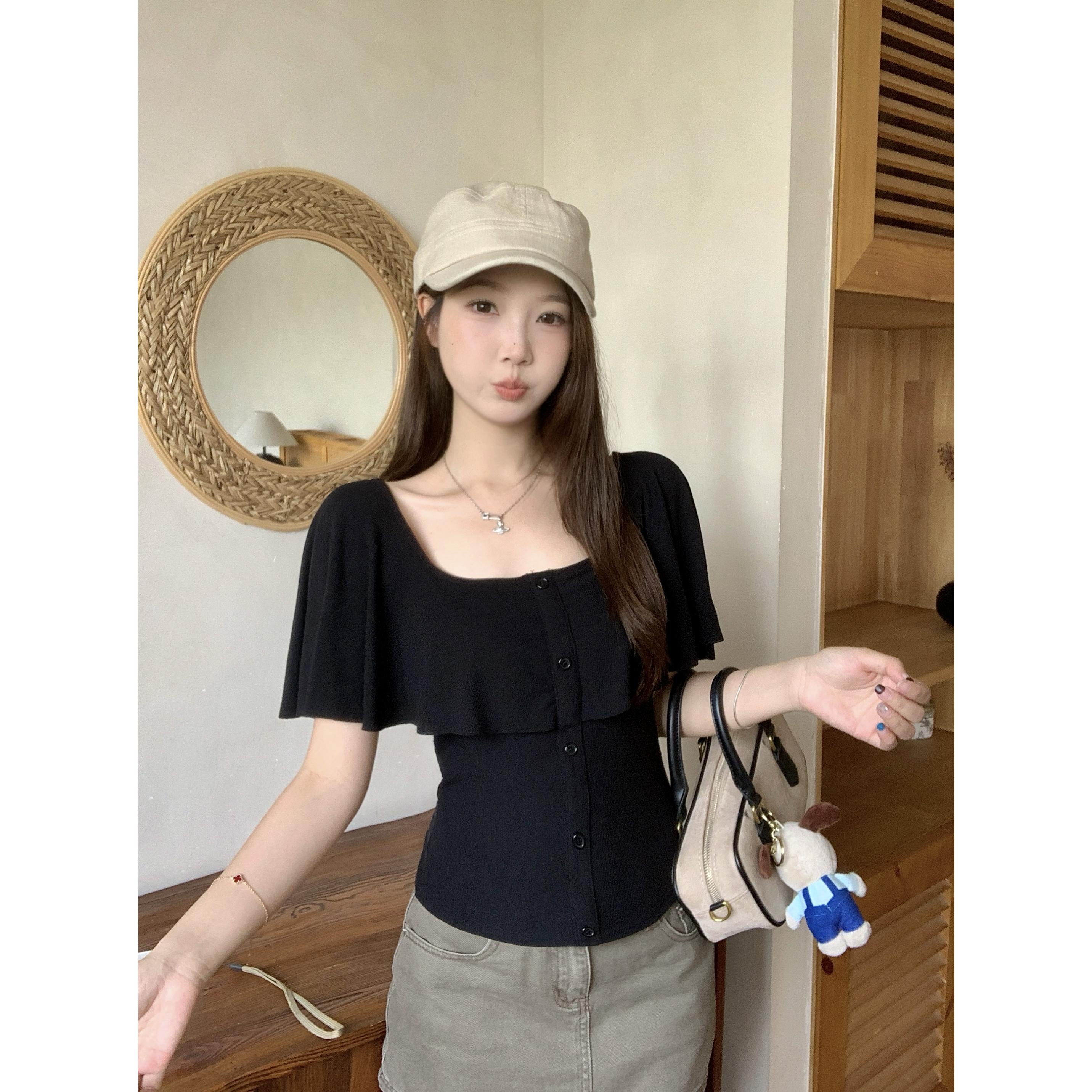 大码女装夏季温柔风荷叶边短袖T恤方领收腰显瘦一字肩上衣