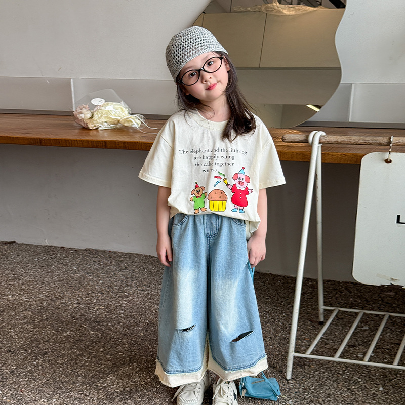 维木童装女童裤子夏季薄款2025新款儿童破洞阔腿牛仔裤宝宝九分裤