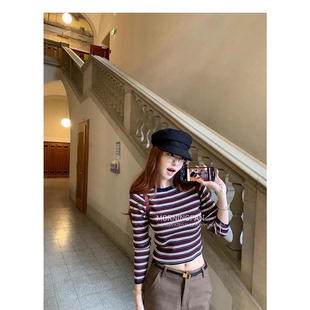 outfit红条纹针织衫修身显瘦拼色套头长袖上衣女