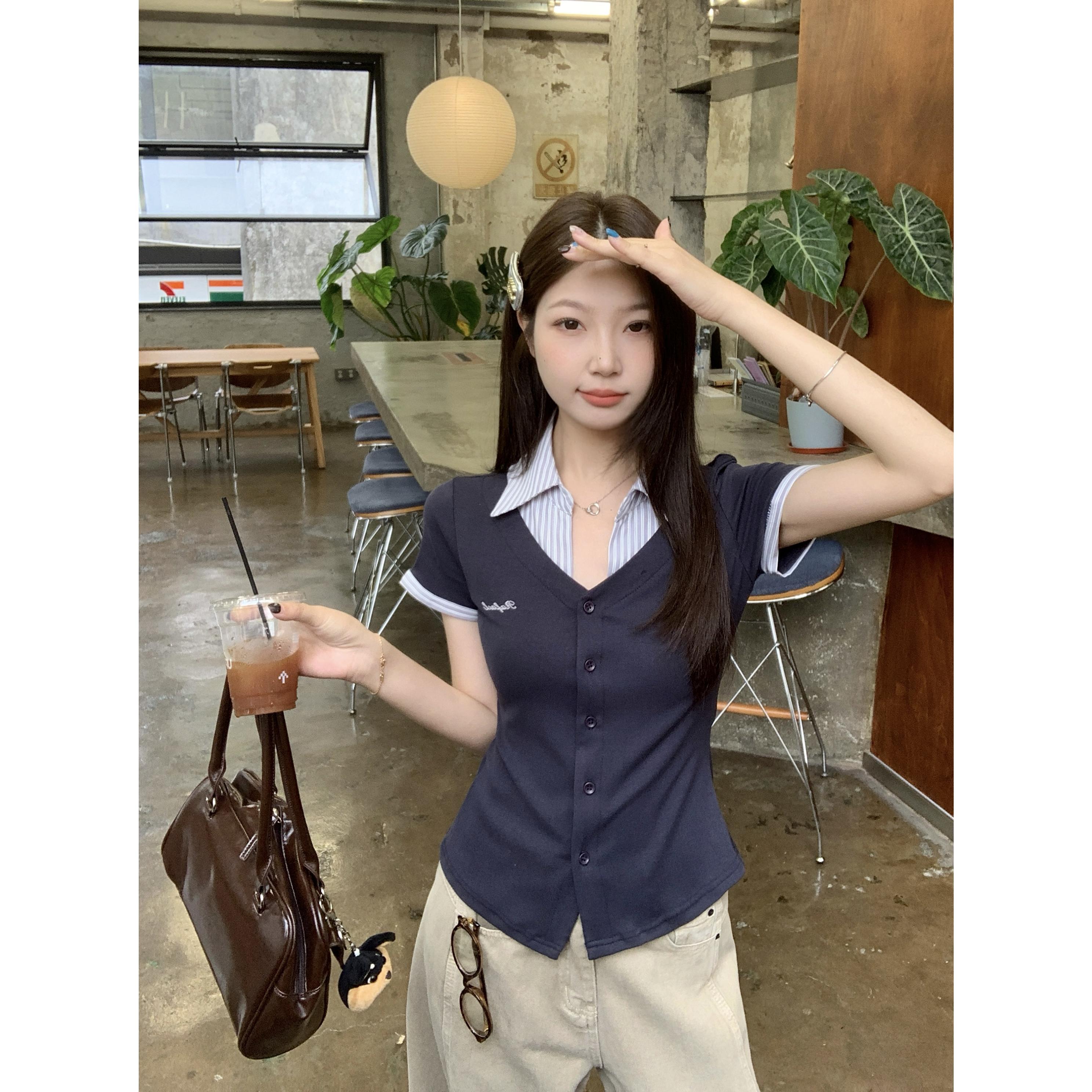 大码夏季新款韩系学院风假两件短袖上衣拼接条纹收腰显瘦T恤