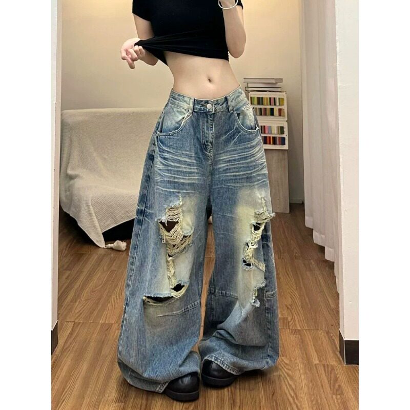 美式复古水洗做旧破洞牛仔裤男女款夏辣妹宽松bf慵懒风阔腿拖地裤