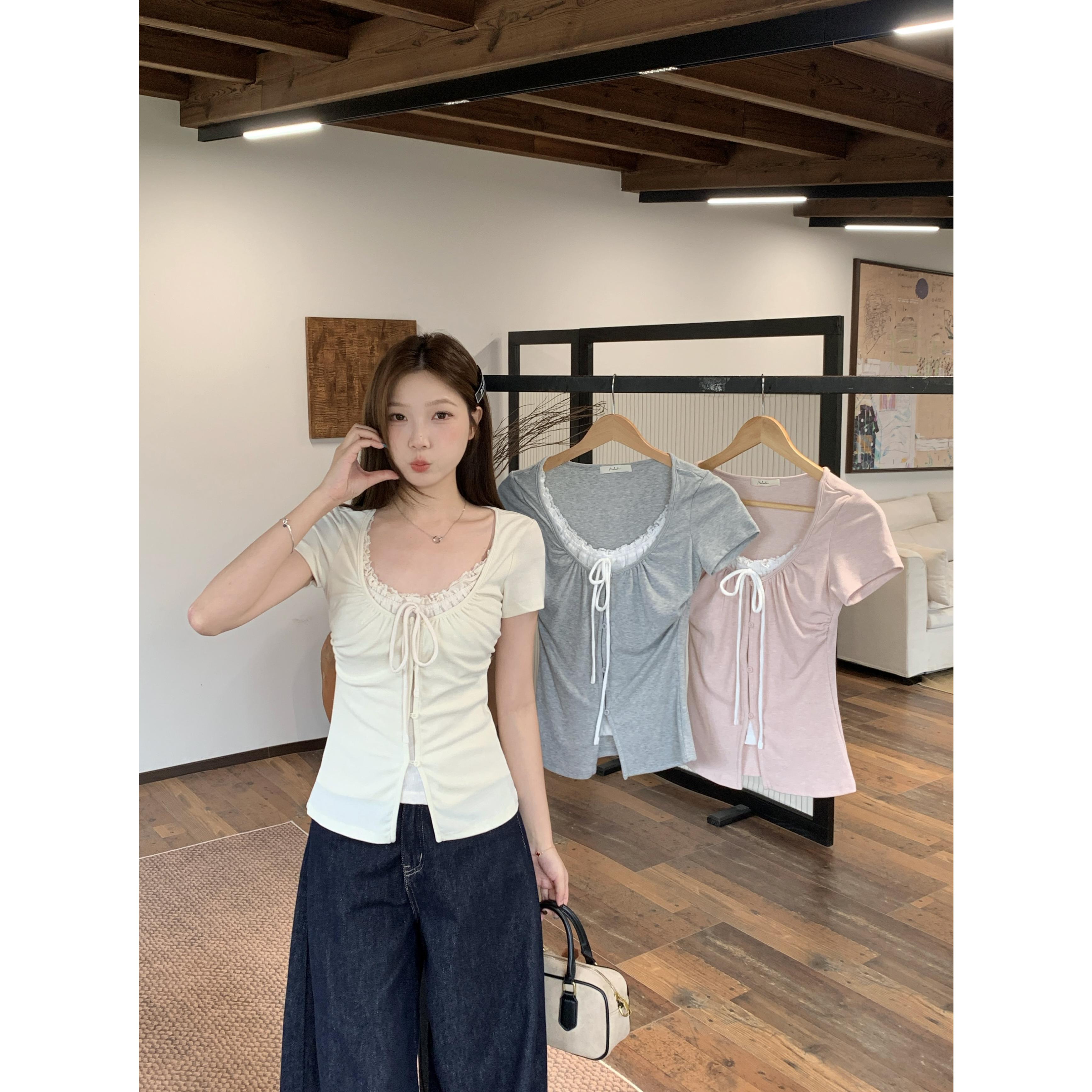 大码胖mm韩系纯欲甜辣妹褶皱收腰假两件短袖显瘦百搭上衣