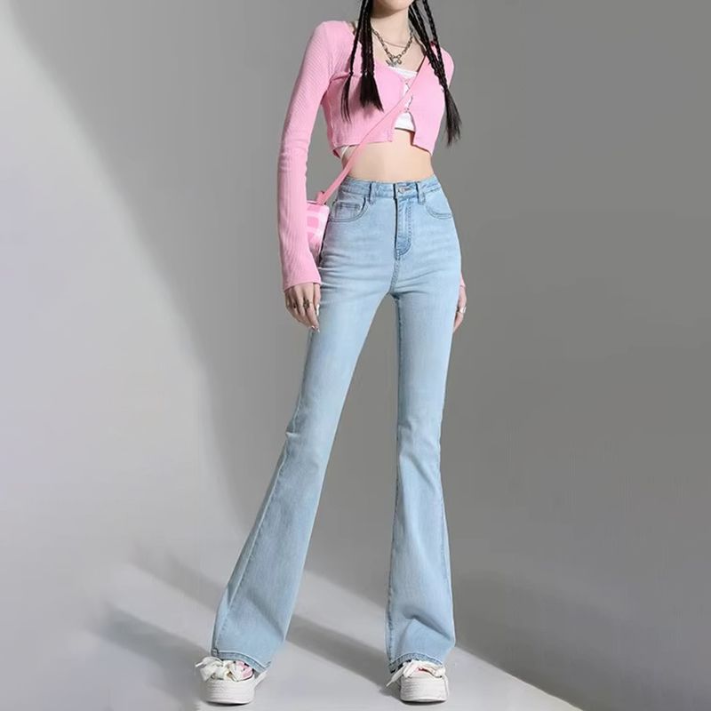 浅蓝色高腰微喇牛仔裤女春秋新款牛仔裤
