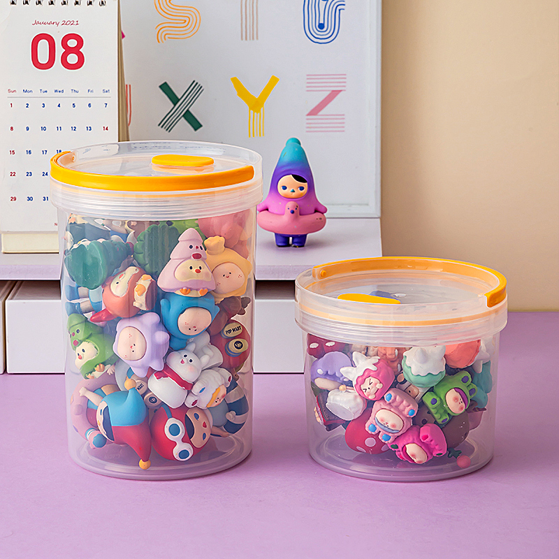 萌粒收纳盒圆形手提公仔玩具储物罐密封收藏罐防尘透明瓶子展示盒