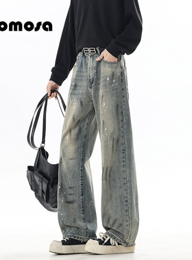Komosa科莫萨春季简约直筒牛仔裤男士休闲潮流运动涂鸦长裤子男裤