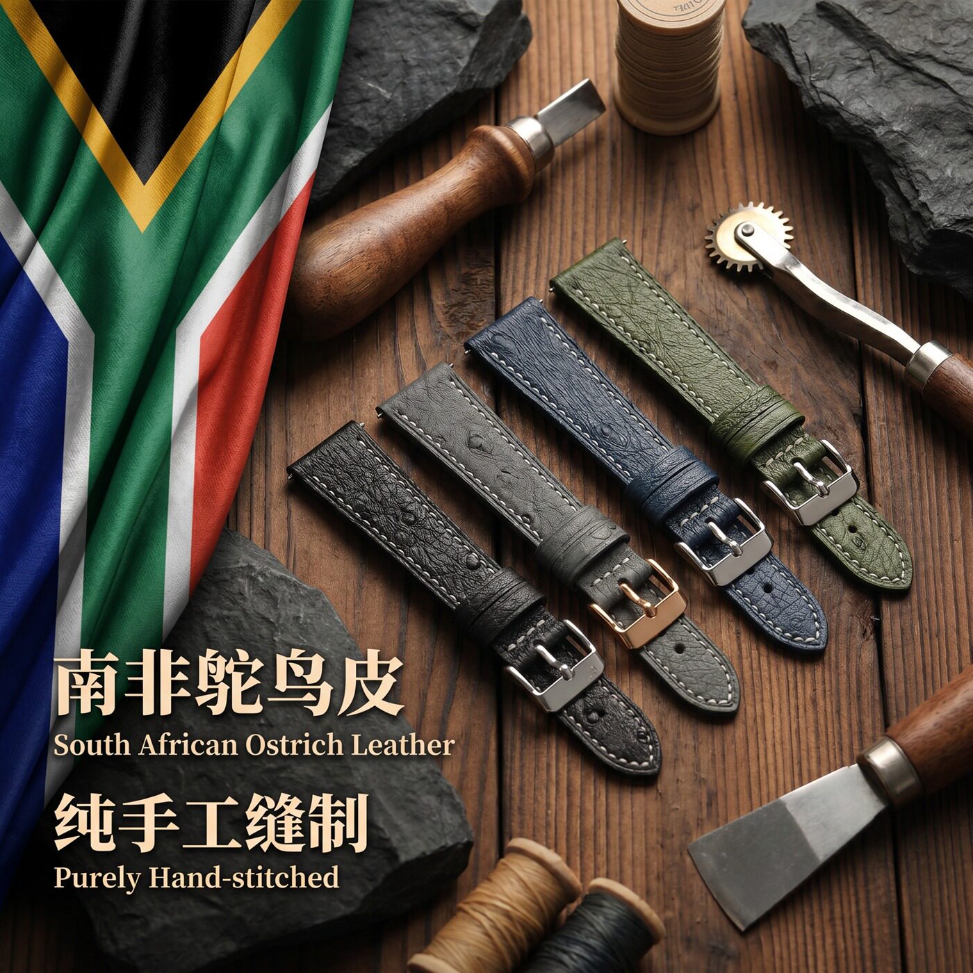 手工鸵鸟皮表带18 19 20MM柔软复古超薄适配精工 水鬼男真皮表带
