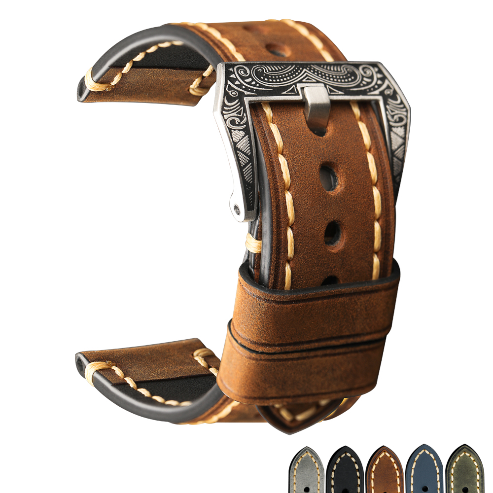 超柔软适配胖大海机械登山表真皮表带20/22/24MM复古牛皮男表链