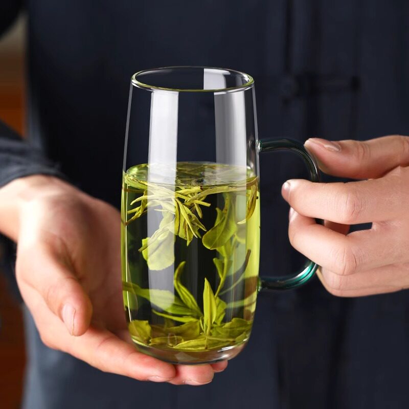 日式茶杯玻璃杯泡绿茶专用男士带把手水杯家用待客绿茶杯水晶杯子